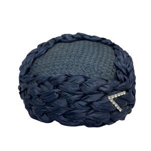Straw Hat Vintage 60s Womens Navy Blue Fitted Classic with Rhinestone Details